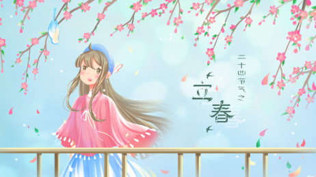 春天 少女惊喜的望着桃花枝头停着的小鸟