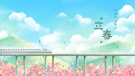 立春 高铁从桥上驶过 桥下粉色樱花林盛开