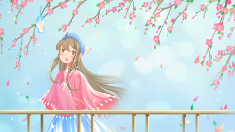 春日里 少女惊喜的仰望桃花树上的小鸟插画