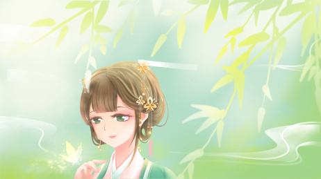 阳光映过朦胧柳叶 古代女子低头看手边蝴蝶
