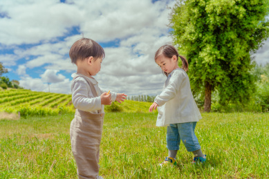山顶葡萄园草坪上的两个小孩