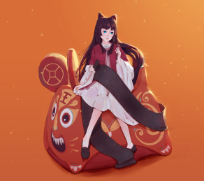 春节插画 坐在布老虎上的汉服猫耳少女