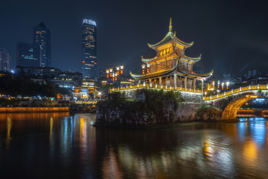 中国贵州省贵阳市地标甲秀楼夜景