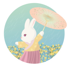 撑油纸伞的汉服襦裙白兔在迎春花从跳舞