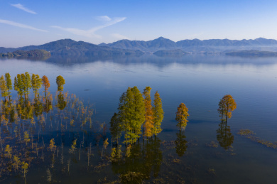 浙江省宁波市余姚四明湖航拍清晨