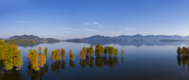 浙江省宁波市余姚四明湖航拍清晨