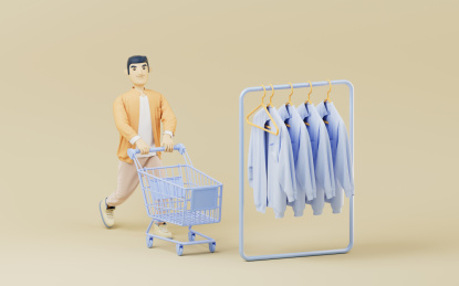 购物买衣服的卡通男性3D渲染