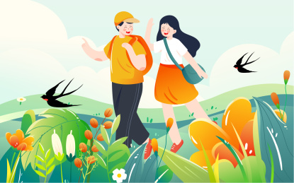 春游踏青出行人物插画立春节气旅行活动海报