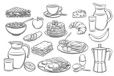 黑白手绘早餐甜点插图