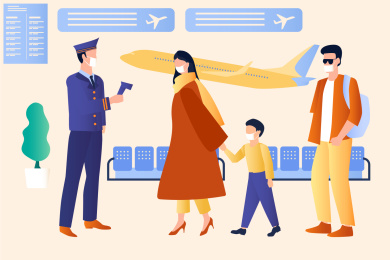 疫情期间安全高效机场口罩测量体温矢量图