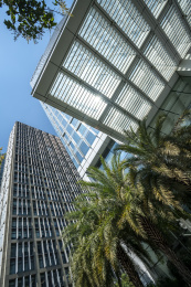 城市金融区摩天大楼外立面和建筑局部景观