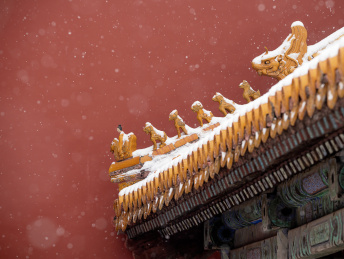 瑞雪故宫红墙背景下的宫殿脊兽