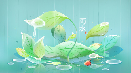 小瓢虫想爬到树叶丛下躲雨 雨水节气春插画