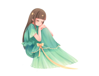 唯美卡通人物 绿色连衣裙的女孩枕着腿休息