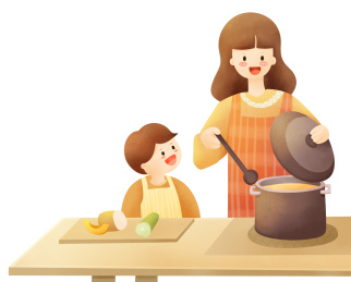 厨房里妈妈给孩子做饭插画