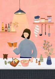 一个女孩在厨房里煮饭