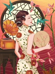 复古旗袍团扇飞燕赏花美女