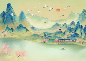 国风水墨青绿山水插画