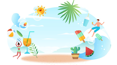 夏天大海冲浪清凉西瓜矢量插画