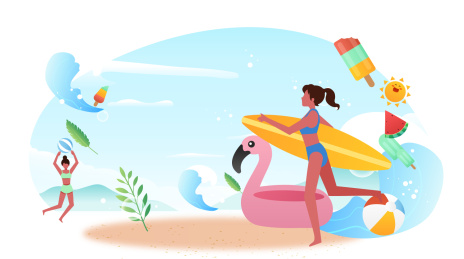 夏天大海冲浪清凉西瓜矢量插画