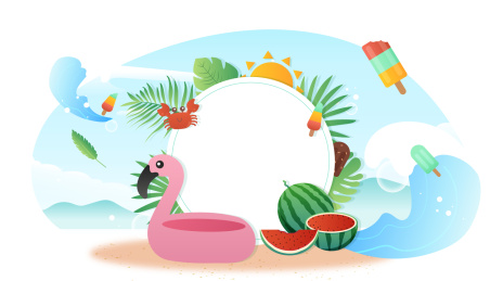 夏天大海冲浪清凉西瓜矢量插画