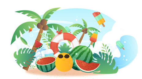 夏天大海冲浪清凉西瓜矢量插画