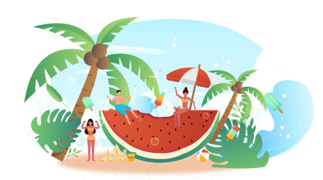 夏天大海冲浪清凉西瓜矢量插画