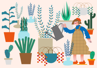 女孩给绿植浇水