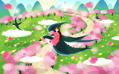 小女孩骑着燕子在桃花林中飞翔春天插画