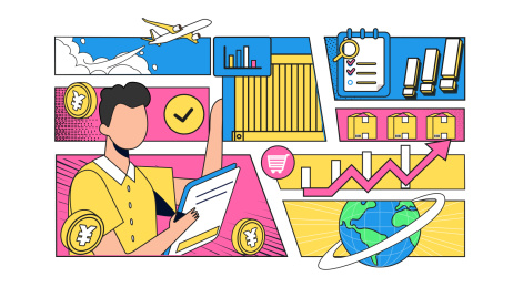 物流工作人员在核对跨境运输清单漫画矢量海