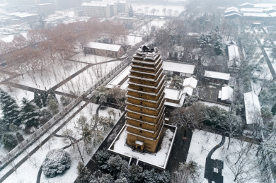 中国陕西省西安小雁塔雪景航拍