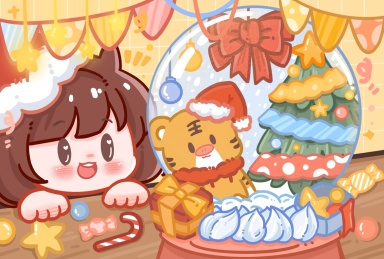 带圣诞帽女孩开心的看着圣诞水晶球