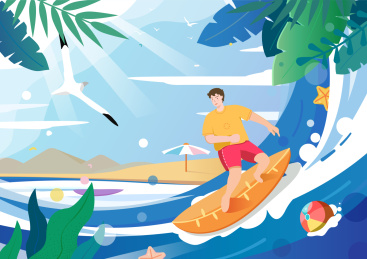 夏天男孩在海边冲浪