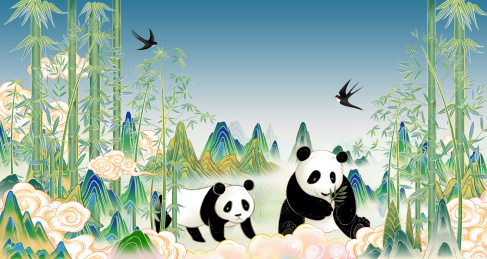 熊猫竹林山水国风插画海报