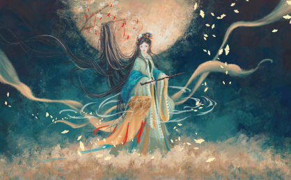 仕女站在月下