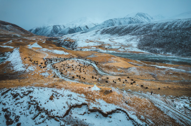 青海果洛州玛沁县雪山乡冬季高原乡村自然