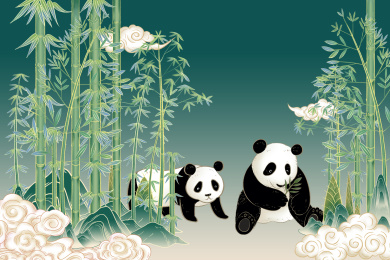熊猫竹林山水国风插画海报