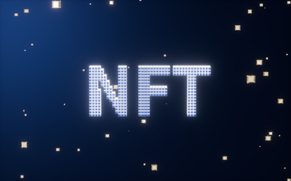 NFT与发光的粒子背景3D渲染