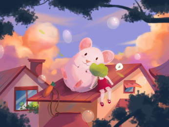 女孩和精灵在楼顶晒太阳