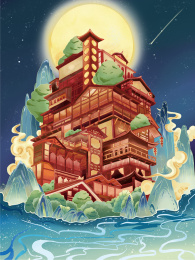 国潮风重庆洪崖洞建筑插画