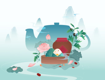 国潮国风荷花粽子的端午节插画