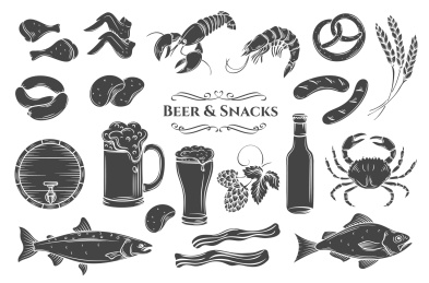 黑白手绘生啤酒海产插图