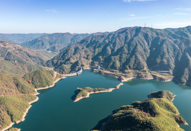 中国浙江宁波海曙区周公宅水库航拍图