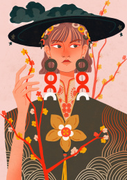 戴着黑色帽子的女孩握花