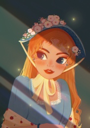 头戴花帽的蓝色连衣裙羞涩少女