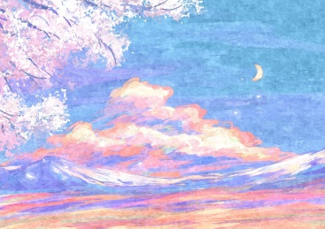 油画质感云朵雪山樱花插画