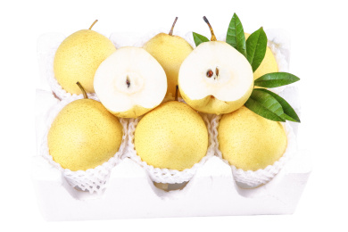 白底上摆放着鸭嘴梨