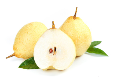 白底上摆放着鸭嘴梨