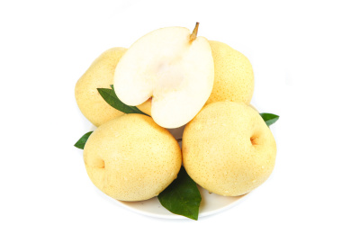 白底上放着鸭嘴梨