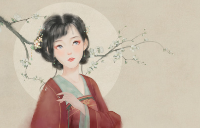 水墨风树下红衣少女